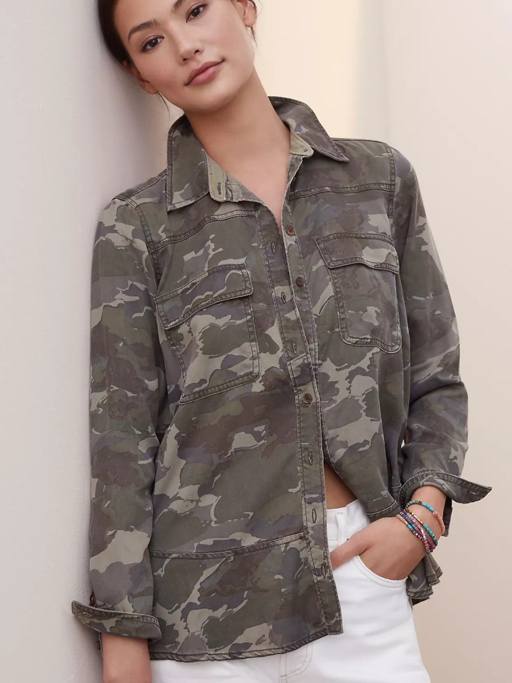 Anthropologie Flounced Camo Buttondown